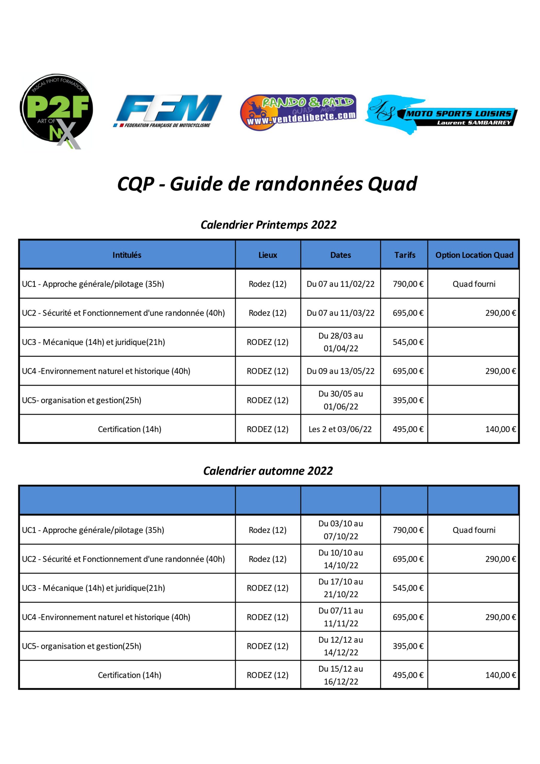 calendrier formation printemps et automne 2022