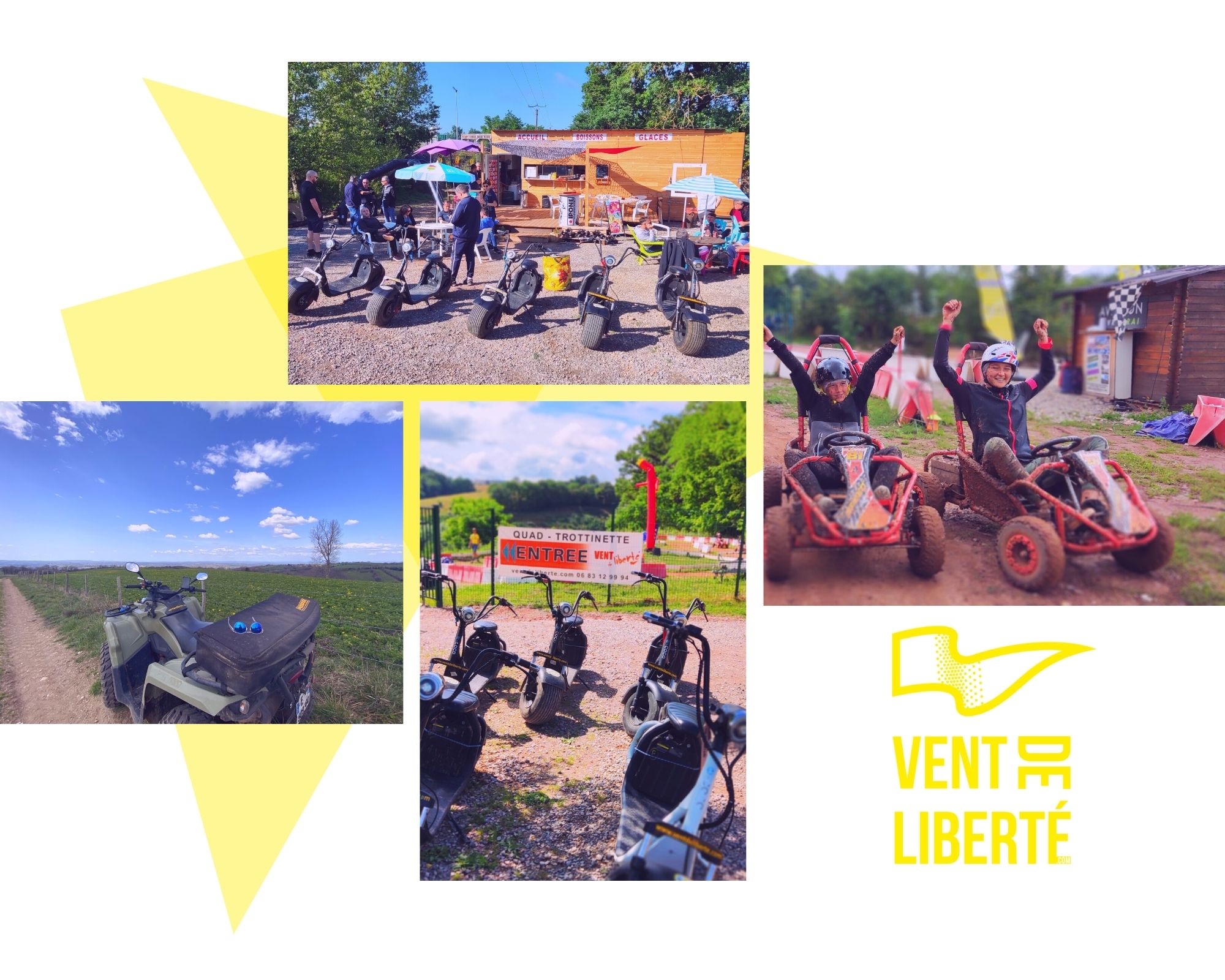 représentation de notre parc: accueil avec terrasse et mini bar, trottinettes électriques, kart cross et quad au sein du domaine de Combelles