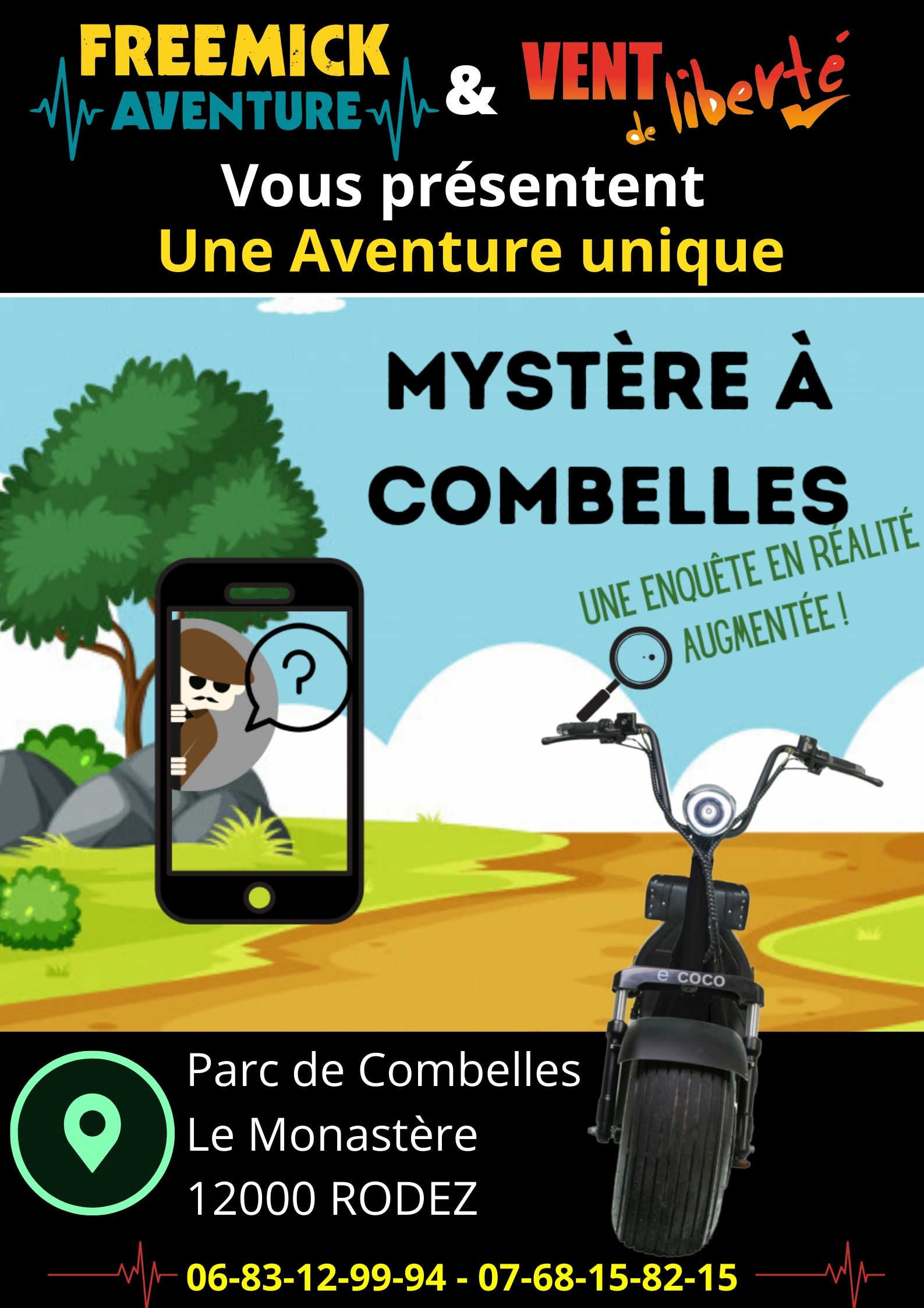 affiche mystère à Combelles, escape game avec trottinettes électriques